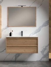 los muebles con lavabo Laura suspendidos fusionan diseño minimalista con funcionalidad. 