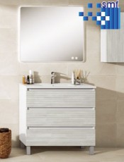 Mueble de baño Castellón con 3 cajones y patas, diseño moderno y funcional para optimizar tu espacio.