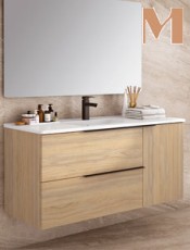 Mueble de baño Vigo Roble Ulloa suspendido con 2 cajones y puerta, diseño moderno con tirador integrado. Funcional y elegante.